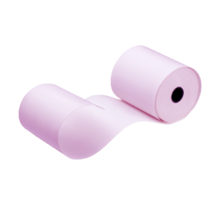 Partially unrolled Pink Thermal Till Rolls, 80mm wide, with a roll on top featuring a smooth surface and black core, stand out against a white background. Each box contains 20 rolls of these pastel-coloured thermal papers.