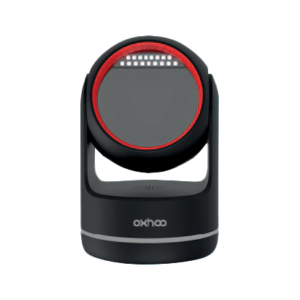 The BC232 1D/2D Omnidirectional Scanner boasts a sleek, modern circular design in black with red trim, a sturdy base, and prominently displays the Oxhoo brand.