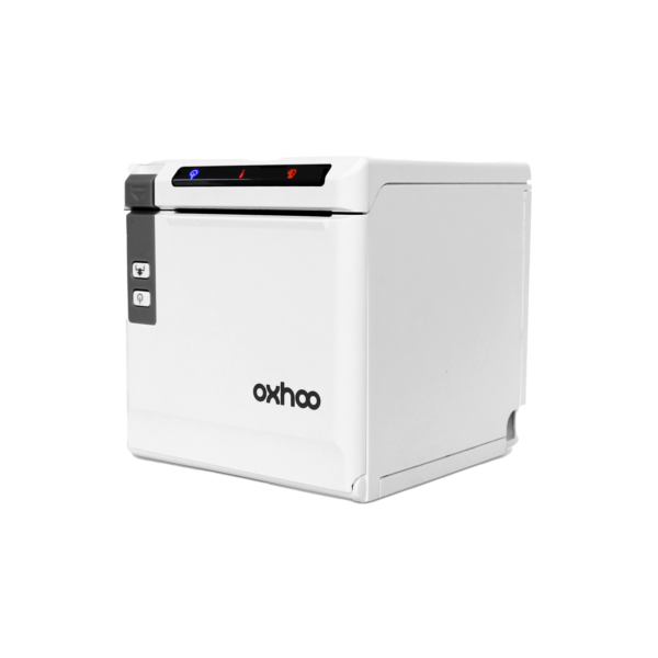 The TP85 Thermal Receipt Printer is a sleek, white, box-shaped printer with a front slot and oxhoo written in black letters. Its top panel has blue and red indicator lights, and the left side is equipped with two buttons for ease of use.