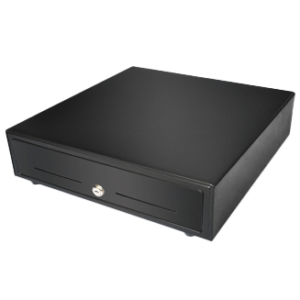 A sleek TR410 Cash Drawer in black, featuring a silver keyhole centred on the front panel, displayed against a white background.