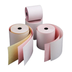 Four rolls of thermal paper in pastel colours, including pink and yellow, displayed on a black background. Two rolls are unfurled, showing their smooth texture and layered appearance.