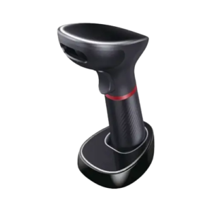 A black BC961 handheld wireless scanner with a sleek design features silver and red accents, positioned upright on its matching USB docking station. It boasts a curved head and ergonomic handle for easy grip.