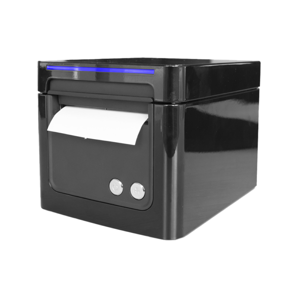 The TP90 Thermal Receipt Printer is black and square-shaped with a stylish design. A small sheet of paper emerges from the front slot, while two round buttons and a blue light indicator are elegantly positioned on the top edge for easy access.