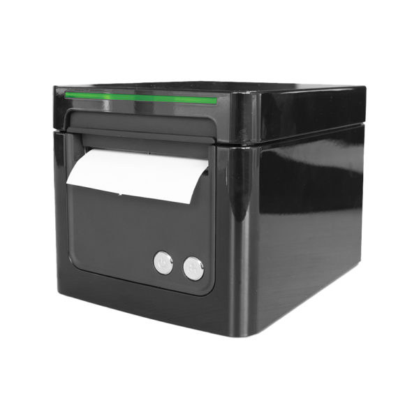 The TP90 Thermal Receipt Printer is a compact black device with a sleek panel featuring two round buttons. A partially protruding paper roll enhances its efficient performance for seamless transactions.