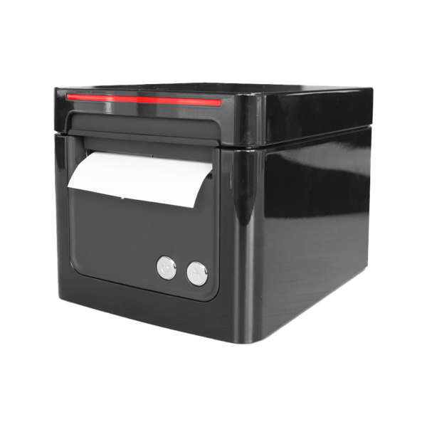 The TP90 Thermal Receipt Printer in black boasts a glossy finish with a front-loaded small paper roll displaying white paper. Two circular buttons below the paper slot ensure user-friendly operation.