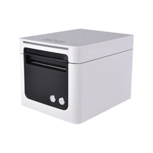 The TP90 Thermal Receipt Printer is a compact device with a white exterior and black front panel, featuring buttons and a paper slot, resembling similar electronic devices.