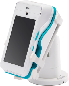 A sleek EPOS system, the white and turquoise card payment terminal labelled dojo and A920, stands on a rotating base. Its black screen contrasts with the modern, cylindrical design, blending seamlessly into any retail environment.