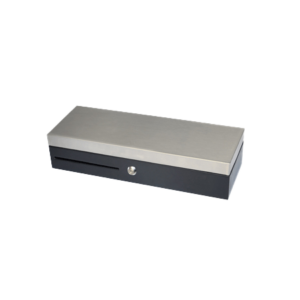 The FT460 Flip Top Cash Drawer is a rectangular, stainless steel unit with a black finish and metallic silver top. It includes a front slot and secure lock for added functionality.