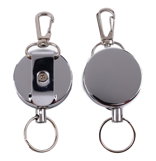 Two metal retractable keyrings are displayed, each boasting a round, shiny casing. They come with a clip on the back and include steel wire rope and clips for attachment. Product: 10 Metal Retractable Keyrings with Steel Wire Rope.