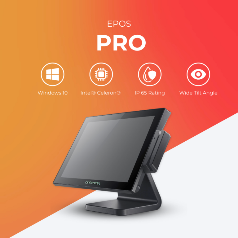 A touchscreen device on a stand, labelled EPOS PRO, set against a gradient orange background. Perfect for use in restaurants and bars, icons and text highlight features: Windows 10, Intel Celeron®, IP 65 Rating, and Wide Tilt Angle. Ideal for efficient EPOS systems operations.