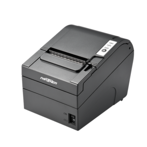 The RP-630 Thermal Receipt Printer, in sleek black, comes with a paper roll and features Feed and Release buttons. The switch at the bottom displays On and Off, indicating it is currently switched off.