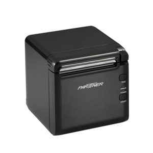 The black, compact RP-700 Thermal Receipt Printer features a PARTNER logo on the front, a top-loading paper slot, and control buttons labelled Feed, Error, Power, and On/Off on the right-hand side.