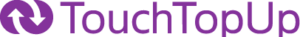 Logo for TouchTopUp in purple text, featuring a circular icon with an upward and downward arrow on the left, ideal for EPOS systems used in schools and colleges.