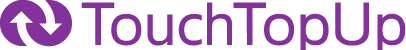Logo for TouchTopUp in purple text, featuring a circular icon with an upward and downward arrow on the left, ideal for EPOS systems used in schools and colleges.