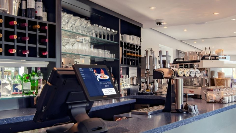 A contemporary bar interior features a glossy blue countertop with an EPOS system touchscreen till, coffee machine, and beer pumps. Behind are shelves displaying glassware and bottles of wine and spirits, creating a sleek, organised atmosphere.