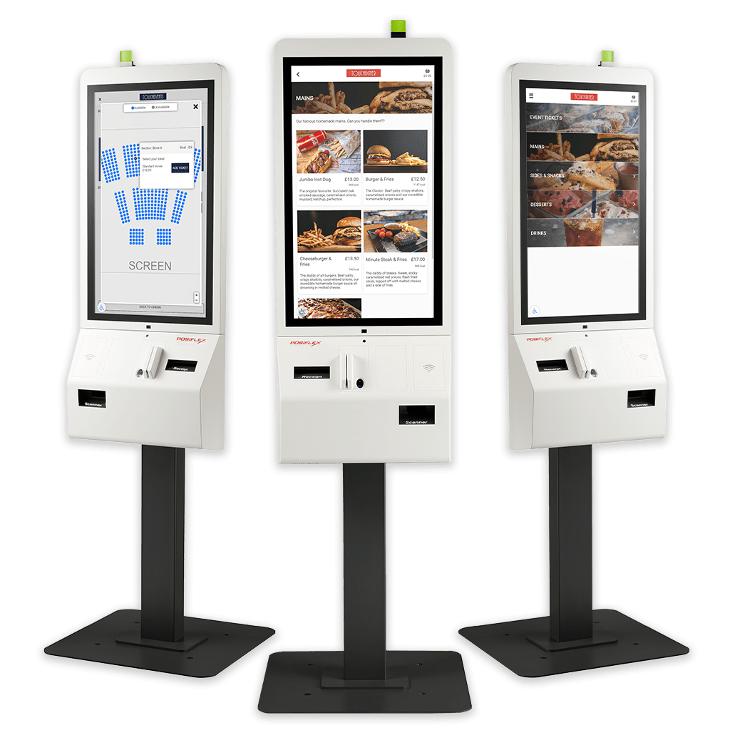 Three touchscreen kiosks on black stands, exemplifying innovative kiosk solutions, display different interfaces: a seating plan, a menu with food items, and a drinks selection screen. Each self-service kiosk is equipped with a card reader and receipt slot at the bottom.