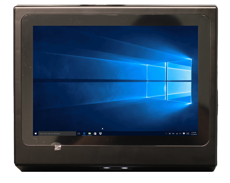A touchscreen computer monitor, often utilised in self-service kiosks, displays the Windows 10 desktop. The screen shows the default blue background with the Windows logo, complemented by the taskbar and icons at the bottom. The monitor is encased in a sleek black frame.