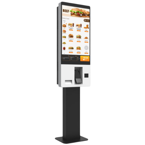 A self-service digital kiosk with a touchscreen displays a variety of food items, from burgers to drinks. This sleek unit, mounted on a black stand, features convenient payment options below the screen for easy ordering.