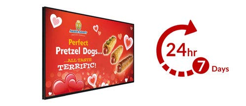A digital signage display for Auntie Annes pretzel dogs on the left features a red background with heart graphics. It reads Perfect Pretzel Dogs... ALL TASTE TERRIFIC! On the right, a 24-hour, 7 days service symbol with a red arrow offers convenience to satisfy your cravings.