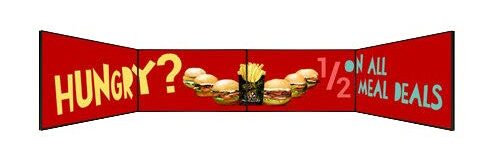 A vibrant red digital signage display features HUNGRY? on the left, tempting images of burgers and chips in the centre, and 1/2 OFF ALL MEAL DEALS boldly on the right.