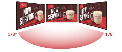 Three digital signage displays feature an advertisement for coffee with the text Now Serving and an image of a steaming cup. The screens are elegantly arranged in a curved formation, offering a 178-degree viewing angle for optimal visibility.