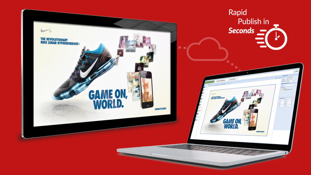 Digital advertisement featuring a Nike trainer on computer monitors and laptops, emphasising the text Game On, World. The corner icon highlights Rapid Publish in Seconds alongside a stopwatch graphic, demonstrating the power of digital signage to captivate audiences instantly.