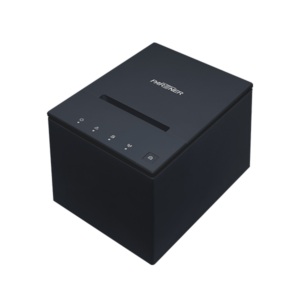 The RP-110 Thermal Receipt Printer is black with a simple box design, featuring a top paper slot and buttons for power and function. Its matte finish and prominently displayed brand name enhance its sleek appearance.