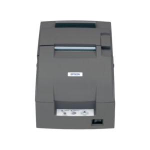 The Epson TM-U220 Kitchen Receipt Printer in grey is viewed from the front. It features a control panel with buttons and labels, as well as a paper feed slot, making it perfect for reliable kitchen use.