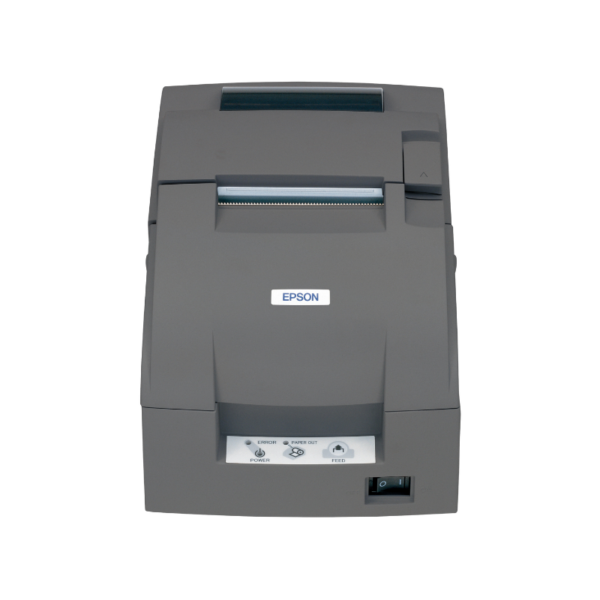 The Epson TM-U220 Kitchen Receipt Printer in grey is viewed from the front. It features a control panel with buttons and labels, as well as a paper feed slot, making it perfect for reliable kitchen use.