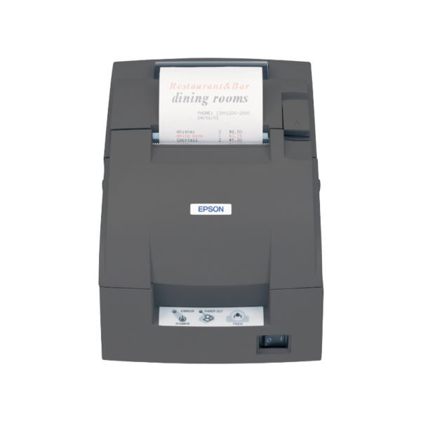 A grey TM-U220 kitchen receipt printer issues a printed receipt with dining information and contact details. It features visible buttons and indicators on the front panel.