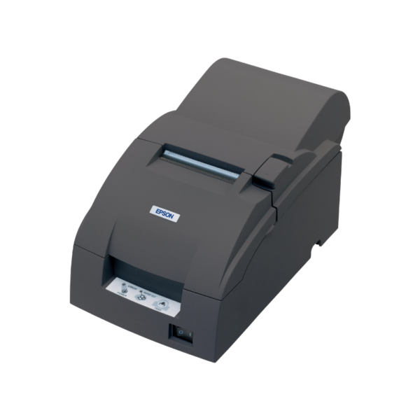The black TM-U220 Kitchen Receipt Printer by Epson is compact, featuring a top-loading paper slot, front control buttons, and prominently displays the logo on the panel, making it perfect for efficient receipt printing at point-of-sale locations.