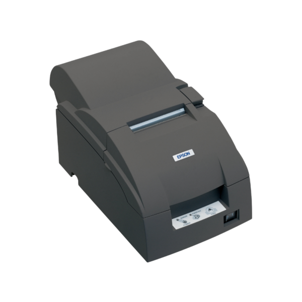 The Epson TM-U220 Kitchen Receipt Printer, in black, is compact with a top-loading paper feed and convenient front panel controls.