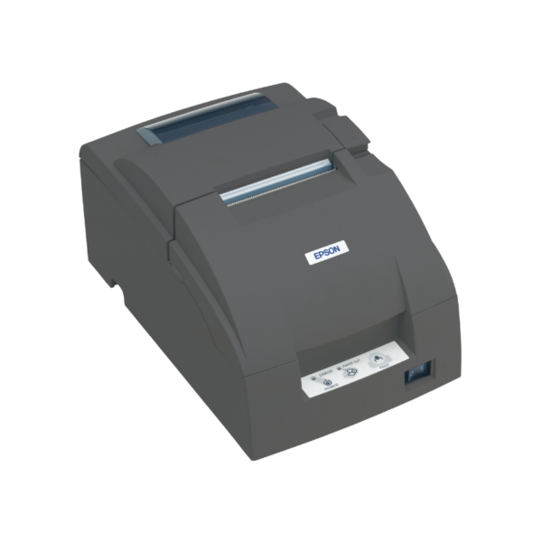 The Epson TM-U220 Kitchen Receipt Printer in grey features a top paper roll compartment and front control buttons, slightly angled to the left for compact efficiency.
