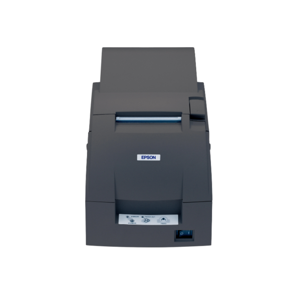 The front view of the black TM-U220 Kitchen Receipt Printer includes a paper slot centred at the top, a power button on the lower right, and a small blue Epson logo on the front.