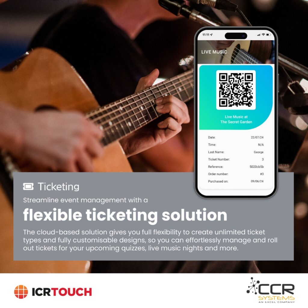 A person playing a guitar with a smartphone showing a live music ticket featuring a QR code. The text emphasises a flexible ticketing solution for event management. Logos for ICRTouch and CCR Systems are visible at the bottom.