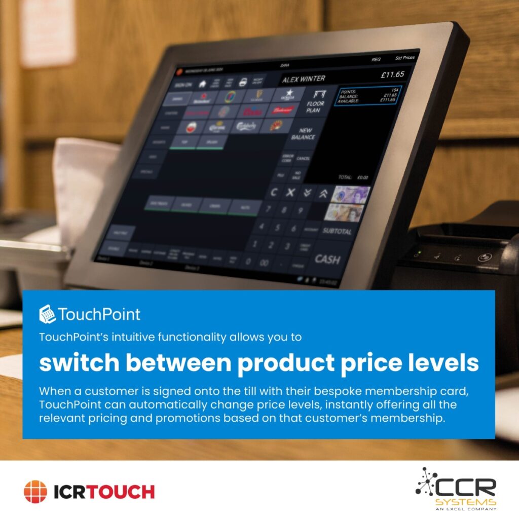 A person using a tablet displaying a payment interface with options to switch between product price levels. Text below describes TouchPoints membership functionality. Logos for ICRTouch and CCR Systems are at the bottom.