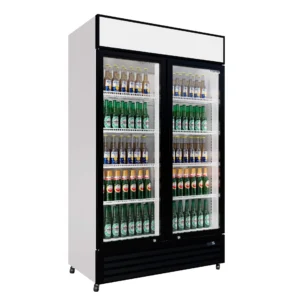 Double Door Display Cooler Hinged – B Rated Commercial Fridge with Merchandising Canopy 690 Litre