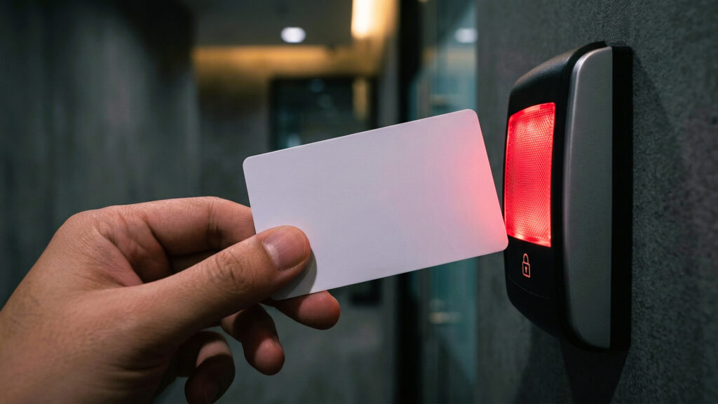 Hand holding a card next to an electronic access point which is glowing red.