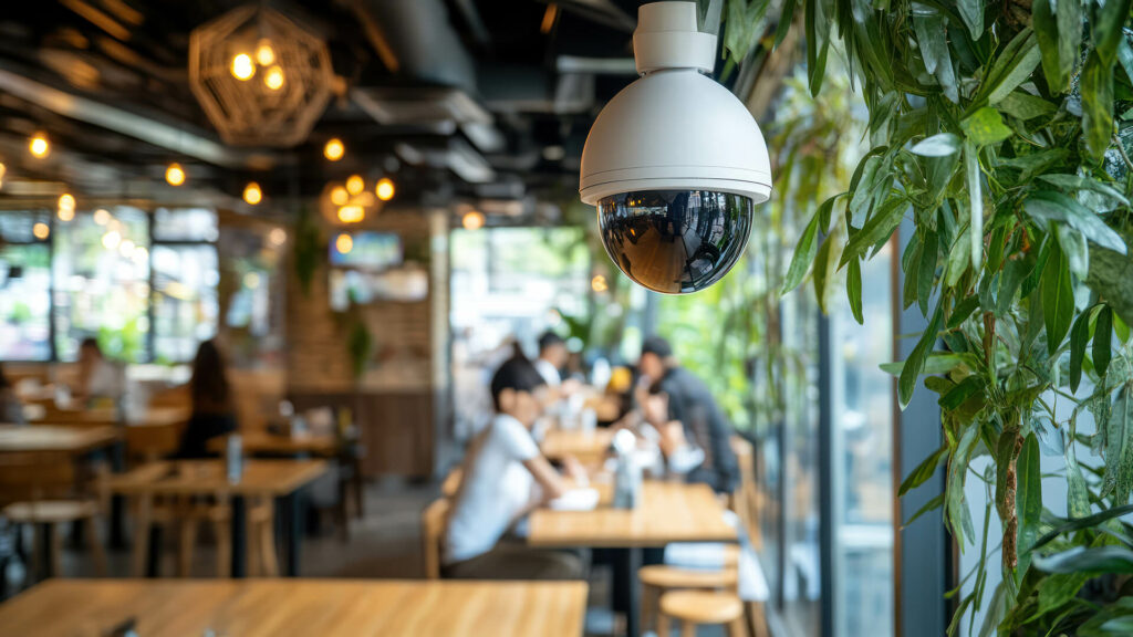A smart CCTV is mounted on a wall with green plants in a modern, well-lit restaurant where people are seated at wooden tables.