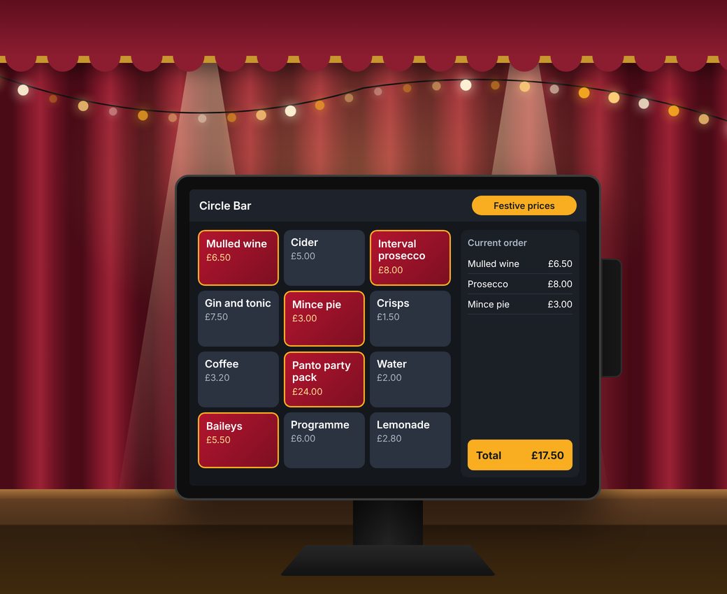 Theatre bar EPOS till showing festive prices, mulled wine and a panto party pack